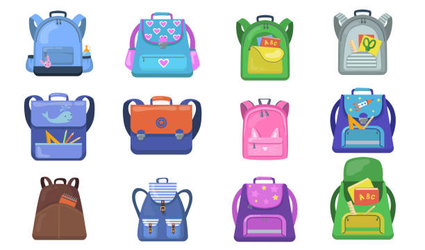 School backpacks set School backpacks set. Colorful bags for primary school students, open rucksacks for kids with school supplies inside. Vector illustrations for back to school, education, stationery, childhood concept backpack stock illustrations