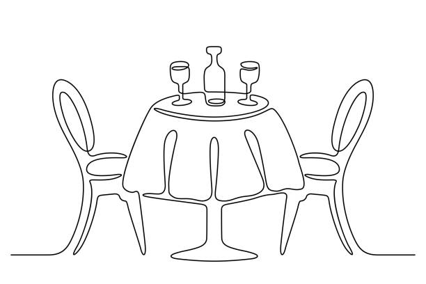 Continuous line drawing. Table with chairs. Continuous line drawing. Table with chairs. Bottle and two wine glasses. Black isolated on white background. Hand drawn  vector illustration. dining illustrations stock illustrations