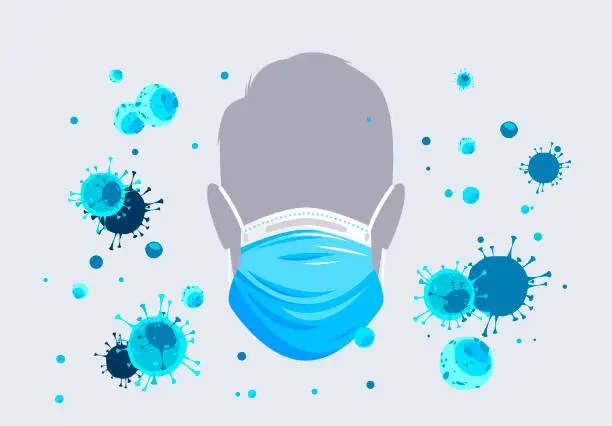 Vector illustration of Vector illustration of the silhouette of a person's face in a medical mask, virus protection, please wear a mask