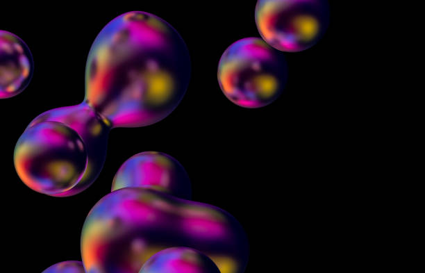 istock Abstract holographic floating liquid blobs on black background. soap bubbles, metaballs. 1276756079