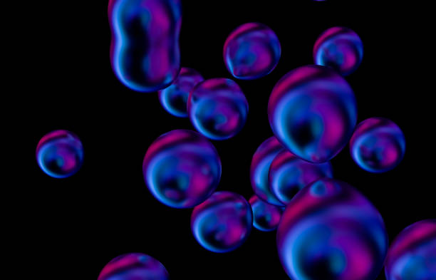 istock Abstract holographic floating liquid blobs on black background. soap bubbles, metaballs. 1276756086