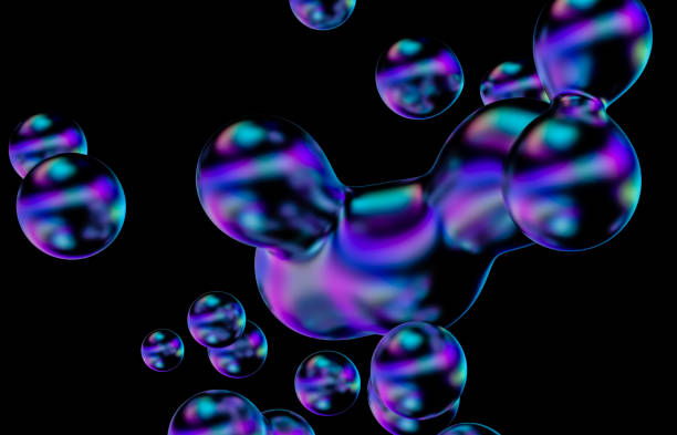 istock Abstract holographic floating liquid blobs on black background. soap bubbles, metaballs. 1276756094