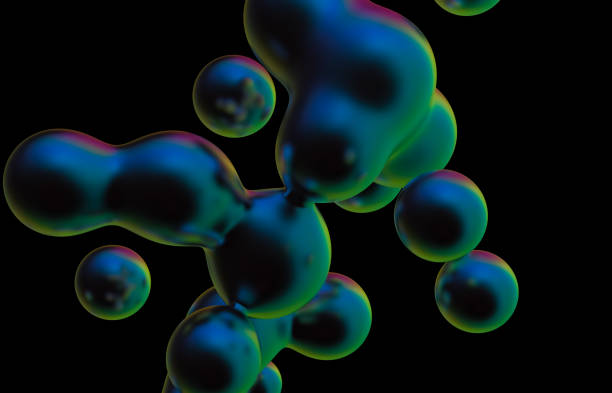 istock Abstract holographic floating liquid blobs on black background. soap bubbles, metaballs. 1276756102