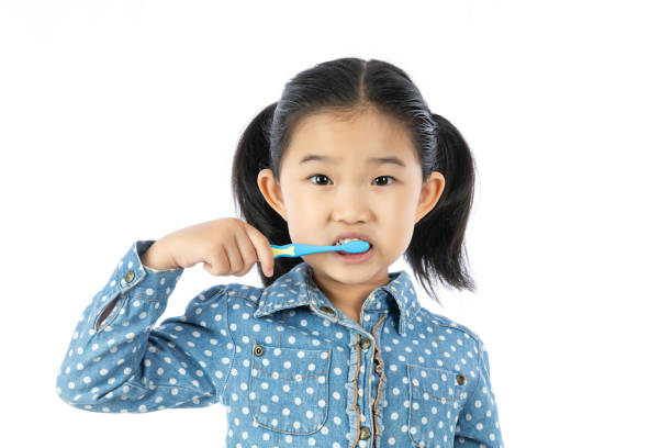 istock Little Girl brushing Teeth on White Background 1276756380