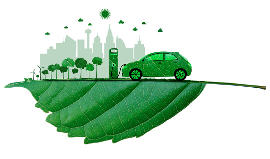 Electric vehicle car with leaf cut out of the smart city. Sustainable energy from the earth. Savings the natural and the earth. Ecology concept.