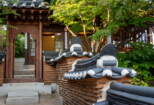 Seoul, South Korea - October 19th 2017: Korean style architecture wall and archway in the Bukchon Hanok Village, Seoul, South Korea