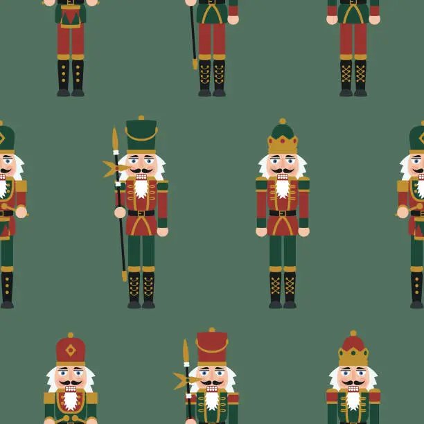 Vector illustration of Christmas Nutcracker Figures - Seamless Pattern with Toy Soldier Doll Decorations