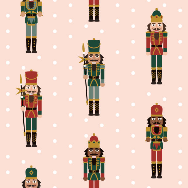 illustrations, cliparts, dessins animés et icônes de figures multiculturelles de casse-noisette de noël - modèle sans couture avec des décorations de poupée de soldat de jouet - nutcracker