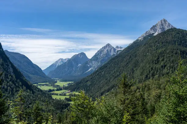 view on wetterstein mountains and leutasch valley from a nearby mountain in summer, bavaria, germany