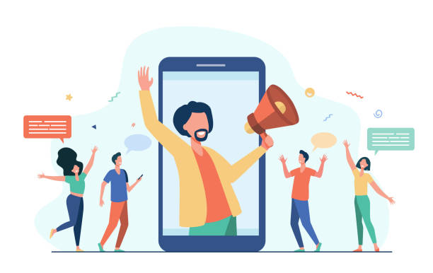 Influence marketing concept Influencer marketing concept. Male blogger with megaphone sharing information with audience on social media websites. Vector illustration for digital marketing, promotion, communication topics influencer stock illustrations