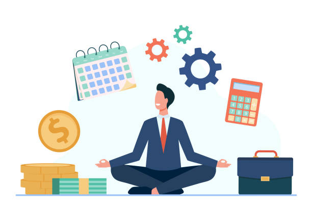 Happy businessman doing yoga at work Happy businessman doing yoga at work. Employee in suit sitting in lotus pose and keeping hands in zen gesture. Vector illustration for relaxation, stress relief, focus, concentration, balance concept accounting firm stock illustrations