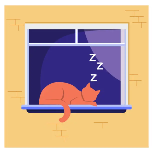 Vector illustration of Sleeping cat lying on window