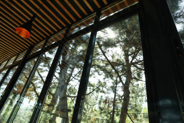istock Window and stylish wooden ceiling in restaurant 1276764173