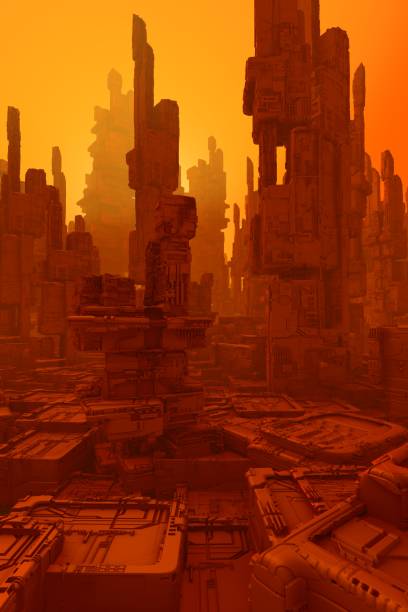 istock Futuristic cityscape in sunset colors 1276764702