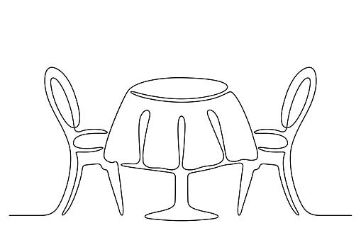 Continuous line drawing. Table with chairs. Black isolated on white background. Hand drawn vector illustration.