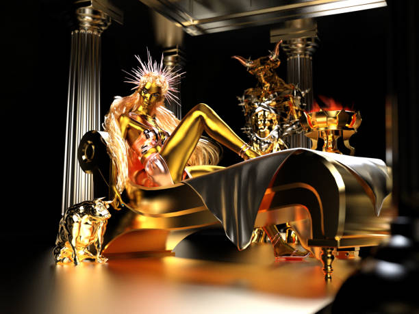 3D Photo of a Fantasy Golden Queen on a Recliner stock photo