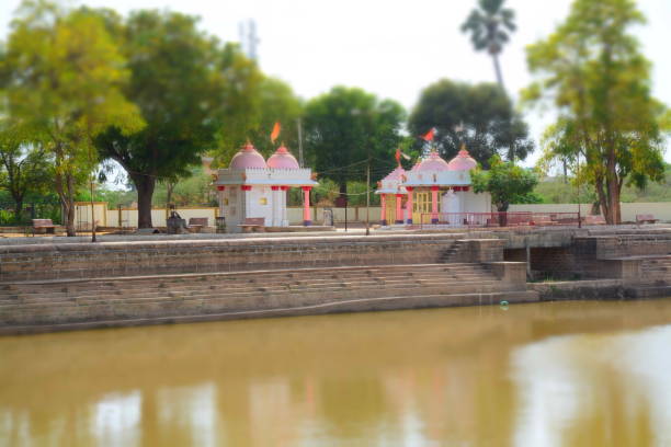 Indian Village Temples Near Beautiful Lake Zoom View stock photo