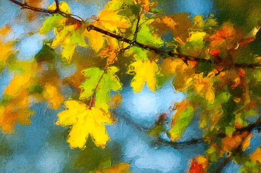 Oil painting showing autumn leaves on a sunny day.