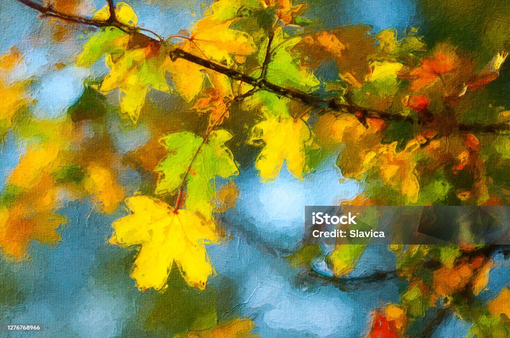 Oil painting Oil painting showing autumn leaves on a sunny day. Oil Painting Stock Photo