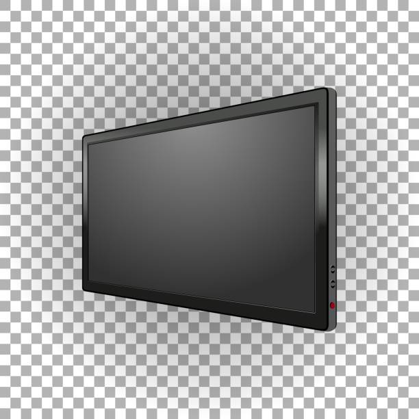 Vector realistic Led TV, on off button, wide screen on transparent background. Black monitor image. Perspective view. Element for designs. Realistic Tree dimensional Led TV, on off button. Wide screen on transparent background. Black monitor image. Perspective view. Element for designs. Vector illustration. elettrodomestici stock illustrations