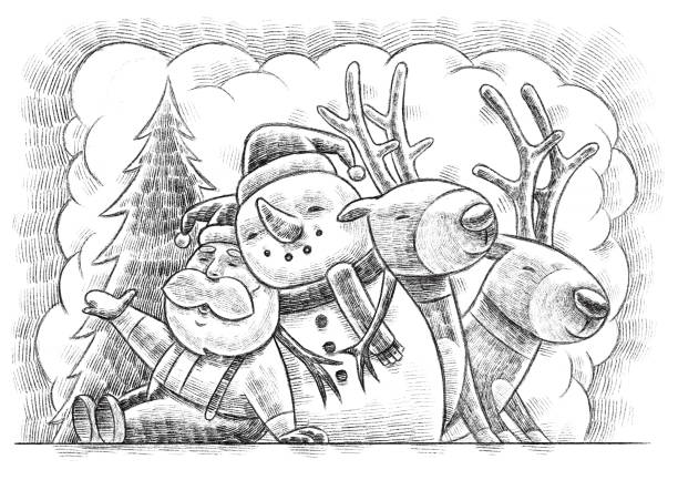 santa claus snowman renifery zbierania szkic - christmas christmas tree snow illustration and painting stock illustrations