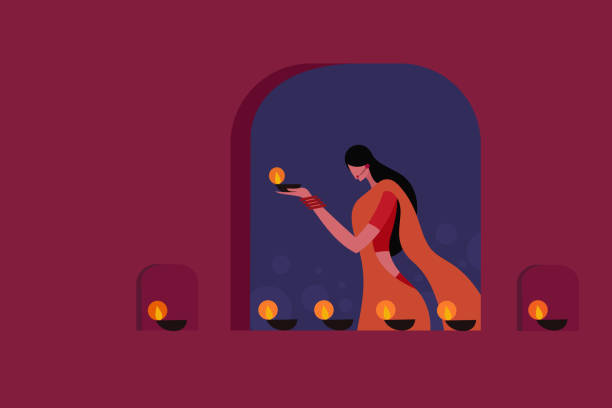 illustrazioni stock, clip art, cartoni animati e icone di tendenza di una donna che indossa abiti tradizionali con in mano le lampade del festival diwali - saree
