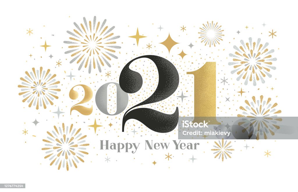 New year 2021 fireworks greeting New year card design with exploding fireworks and textured effects. 
Editable vectors on layers. New Year's Eve stock vector