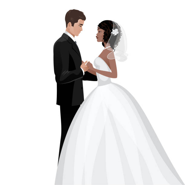 Interracial couple wedding day A bride and a bridegroom holding hands on their wedding day, giving the vows african bride and groom stock illustrations