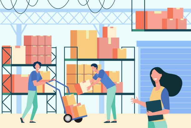 Staff working in logistic storage Staff working in logistic storage isolated flat vector illustration. Cartoon stockroom workers and loaders taking boxes from cargo pallet in stockroom. Delivery service and warehouse interior concept warehouse stock illustrations