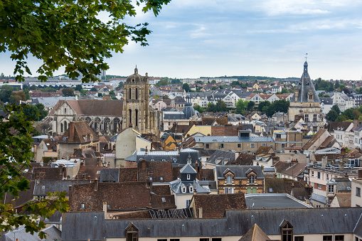 Panorama of the city center of Dreux, France, with the Saint-Pierre church and the belfry tower, former town hall built in the 16th century
