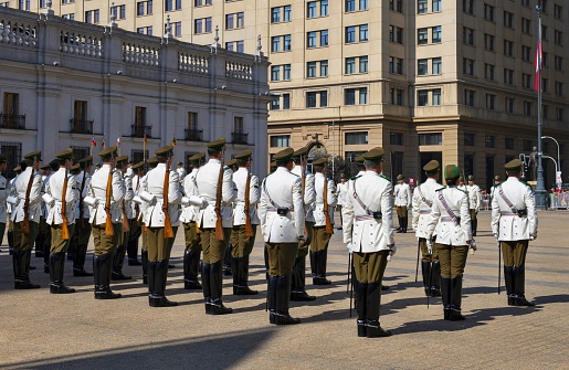 Santiago de Chile, Chile, November 29, 2018: View of the guard changing ceremony in front of the presidential palace of La Moneda in Santiago de Chile. The ceremony is a popular tourist attraction.
