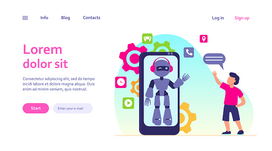 Hello Humanoids Boy Waving Hello At Humanoid On Smartphone Screen Stock Illustration ...