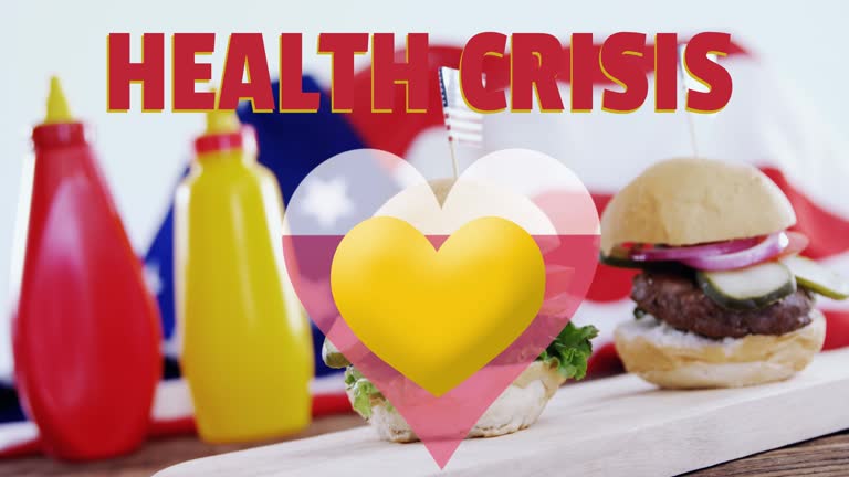 Health Crisis text and breaking heart icon against burgers