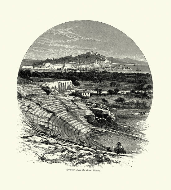 The Greek theatre of Syracuse, Sicily, 19th Century Vintage Illustration of Syracuse, from the Greek Theatre, Sicily, 19th Century
The Greek theatre of Syracuse lies on the south slopes of the Temenite hill, overlooking the modern city of Syracuse in southeastern Sicily. It was first built in the 5th century BC, rebuilt in the 3rd century BC and renovated again in the Roman period. Today, it is a part of the Unesco World Heritage Site of "Syracuse and the Rocky Necropolis of Pantalica". greek amphitheater stock illustrations