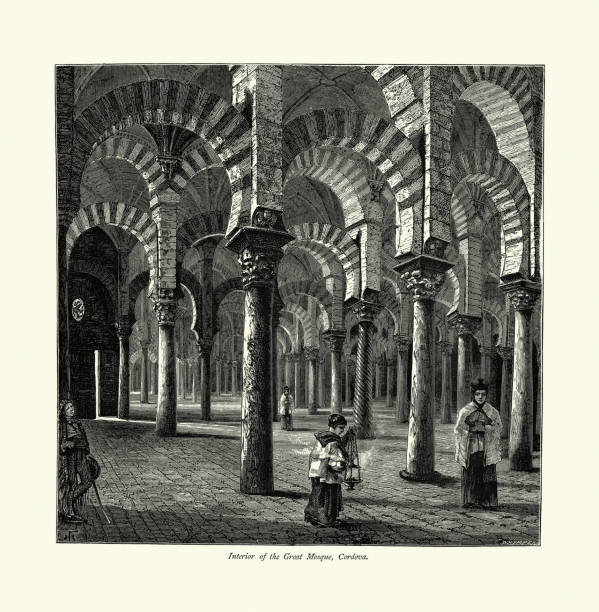 illustrations, cliparts, dessins animés et icônes de architecture mauresque, intérieur de la grande mosquée, cordova, espagne, xixe siècle - la mezquita cathedral illustrations