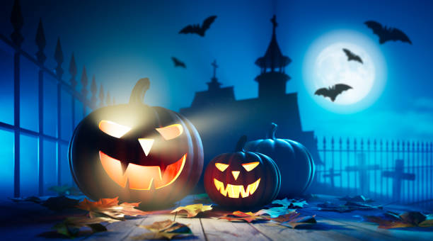 istock Jack O’ Lanterns In Spooky Scene With Ghost Lights 1276786965