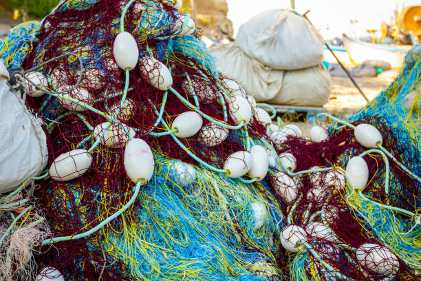 商業漁網の山 - commercial fishing net netting fishing striped ストックフォトと画像
