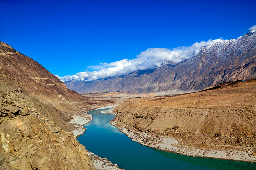 Fascinating view of the Indus River and Snow-capped karakoram mountains