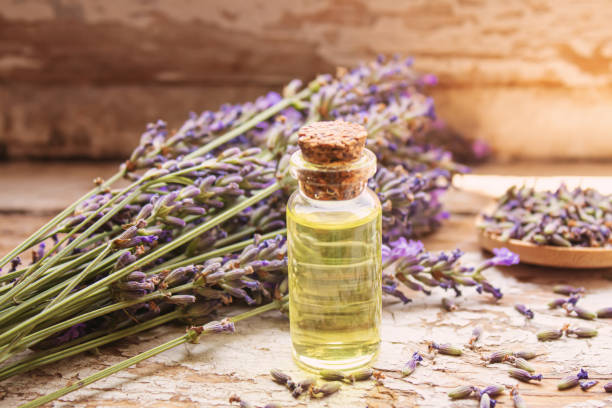 istock Lavender essential oil in a small bottle. Selective focus. 1276789931