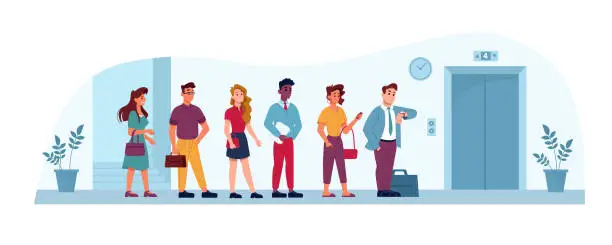 Vector illustration of Queue to elevator in office, people waiting in line in public place, vector flat illustration. Business center or house elevator lift and people men and women standing in queue, impatient and hurry