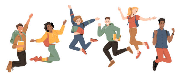 ilustrações de stock, clip art, desenhos animados e ícones de multicultural students jumping, happiness success, happy young people, vector flat cartoon. university students or college and school friends jump up with raised hands and happy smiles of celebration - friends party
