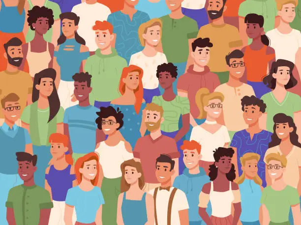 Vector illustration of Group of people of different nationalities, crowd of diverse characters. Vector multiethnic society, multicultural youth diversity. Men and women standing in queue, multiracial audience smiling public