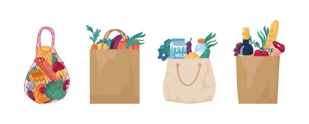 Vector illustration of Ecologically friendly bags and packaging made of string, mesh, cotton cloth textile and paper. Set of reusable packets for shopping, zero waste and plastic free. Eco grocery shopping packs vector