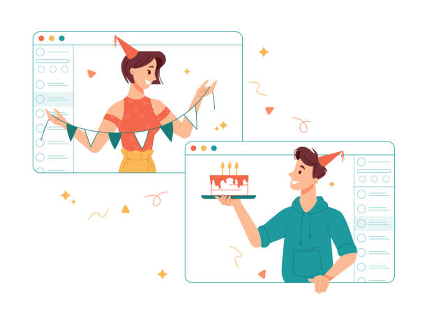 People celebrating birthday party online during quarantine, congratulating girl with special day in internet. Man and woman with celebratory flags and cake with candle. Video call of friends vector People celebrating birthday party online during quarantine, congratulating girl with special day in internet. Man and woman with celebratory flags and cake with candle. Video call of friends vector computer birthday stock illustrations
