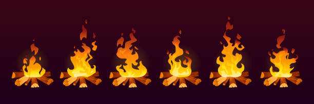 animation von feuer brennen in 2d-effekt, cartoon-vektor-hintergrund. feuer flammen auf holz oder lagerfeuer und lagerfeuer oder kamin symbole in bewegung mit rauch und hitze, animation falle rahmen oder storyboard - agricultural equipment flash stock-grafiken, -clipart, -cartoons und -symbole