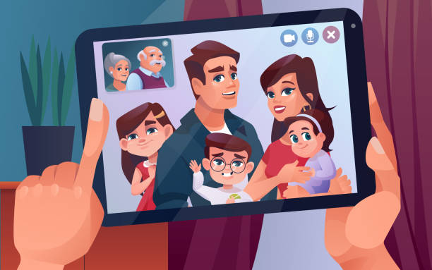 Video Call Or Family Chat On Tablet With Children And Elderly Parents Video  Call Chat On Internet Tablet Or Phone And Smartphone In Hands With Family  Kids And Grandparents Cartoon Design Stock