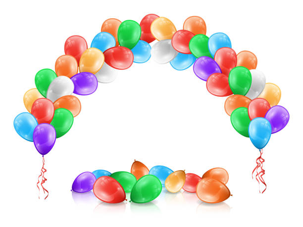 illustrazioni stock, clip art, cartoni animati e icone di tendenza di palloncini telaio, arco o ghirlanda, palloncini multicolore sul pavimento isolato su bianco. arco decorativo vettoriale color, oggetti per decorare cerimonie, feste di compleanno o celebrazioni, vacanze di san valentino - arch