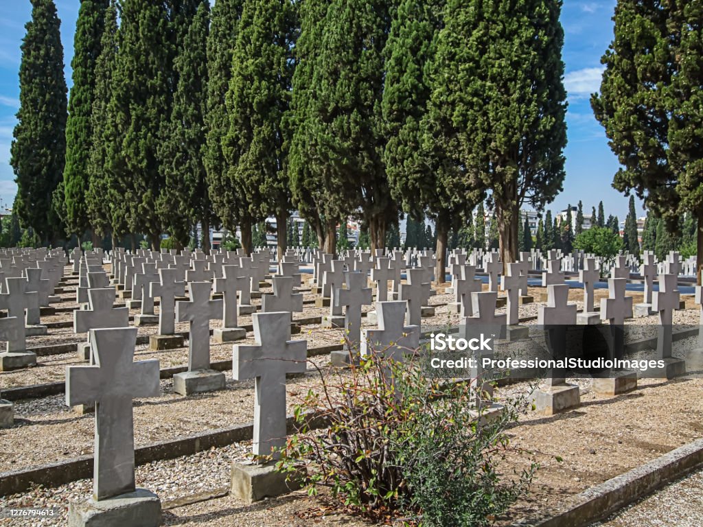 Military Cemetery in Greece Built in Honour of Soldiers Died in World War I. Thessaloniki, Greece - September 26, 2013: Zeitenlik, Allied Military Cemetery, and World War I Memorial Park in Thessaloniki, the Largest in Greece. It contains the Graves of the Serbian, French, British, Italian, and Russian Soldiers. Grave Stock Photo