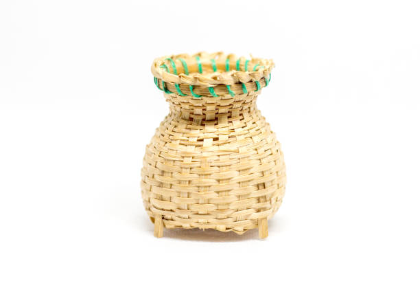 Wicker bamboo weave basket handbag thai style isolated on white background.