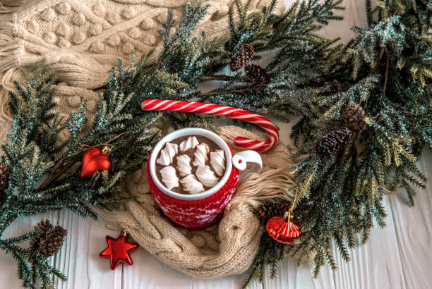 istock Cup of hot cocoa with marshmallows in a knitted red case 1276799482